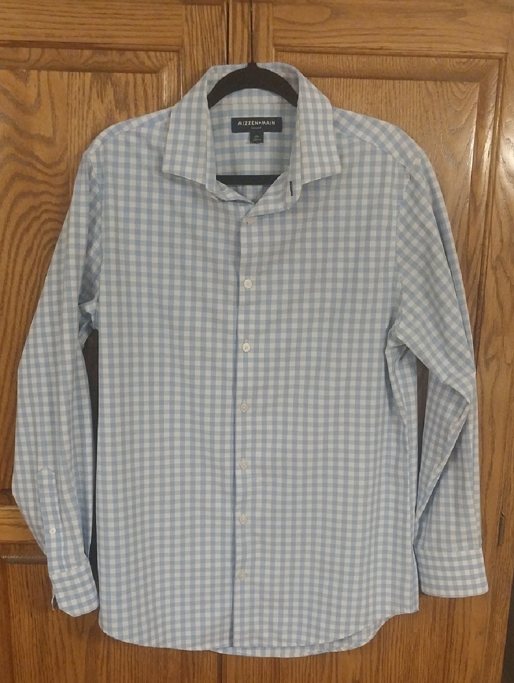 Mizzen+Main Leeward Performance Dress Shirt Men's Sz Medium Light Blue Gingham